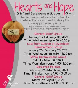 Hearts and Hope Grief Support Group, Loss from Suicide or Overdose, January 21 - February 25, 2021 @ Zoom Teleconference